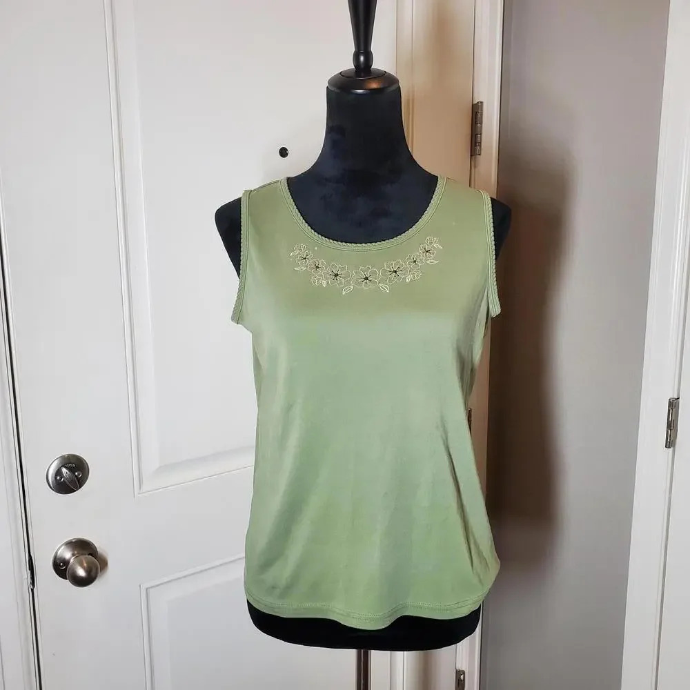 Classic Elements Vintage Embroidered Cotton Tank Top Sage Green Size MP